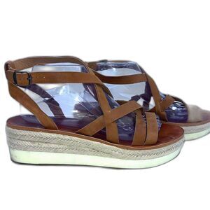 Lucky Brand Sandals Womens Sz 10 Brown Leather Platform Ankle Strap Espadrille